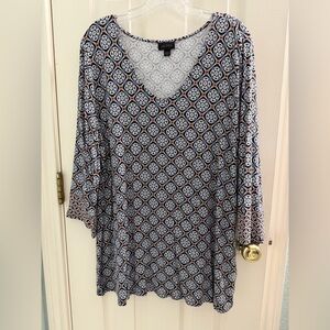 J Jill wearever tunic top, XL, tile print of navy, black and pink, 3/4 sleeves